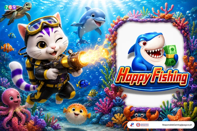 Happy Fishing themed lucky cat